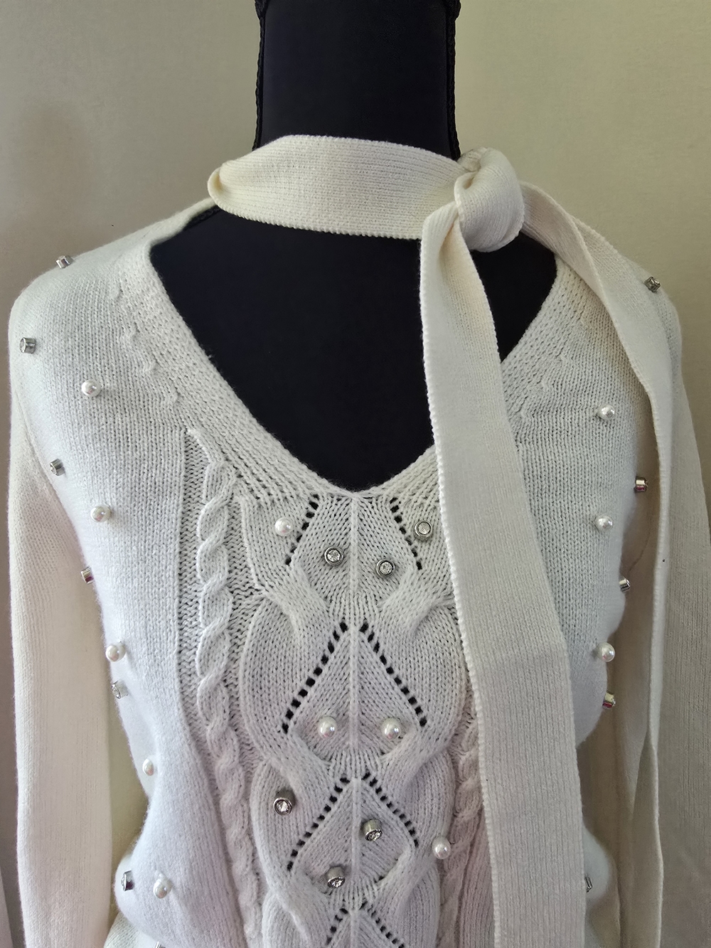 Women's Cream Cable Knit Pearl-Embellished Sweater with Scarf